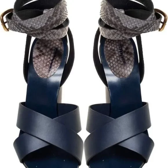 Gucci Blue/Grey Python and Leather Crisscross Ankle Strap Sandals Size 38